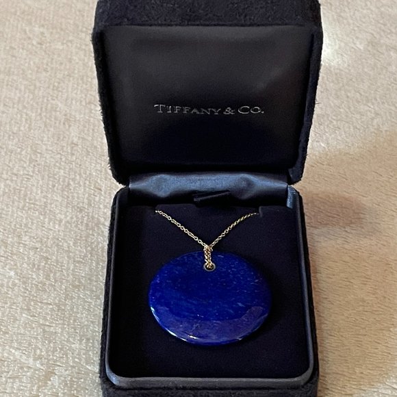 Rare TIFFANY & CO. x Elsa Peretti Lapis Lazuli Touchstone Disc 18k Necklace - Picture 1 of 9